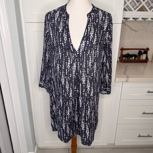 Garnet Hill Women’s L Relaxed-Linen Beach Dress Raw-Edge Hem 3/4 Sleeve